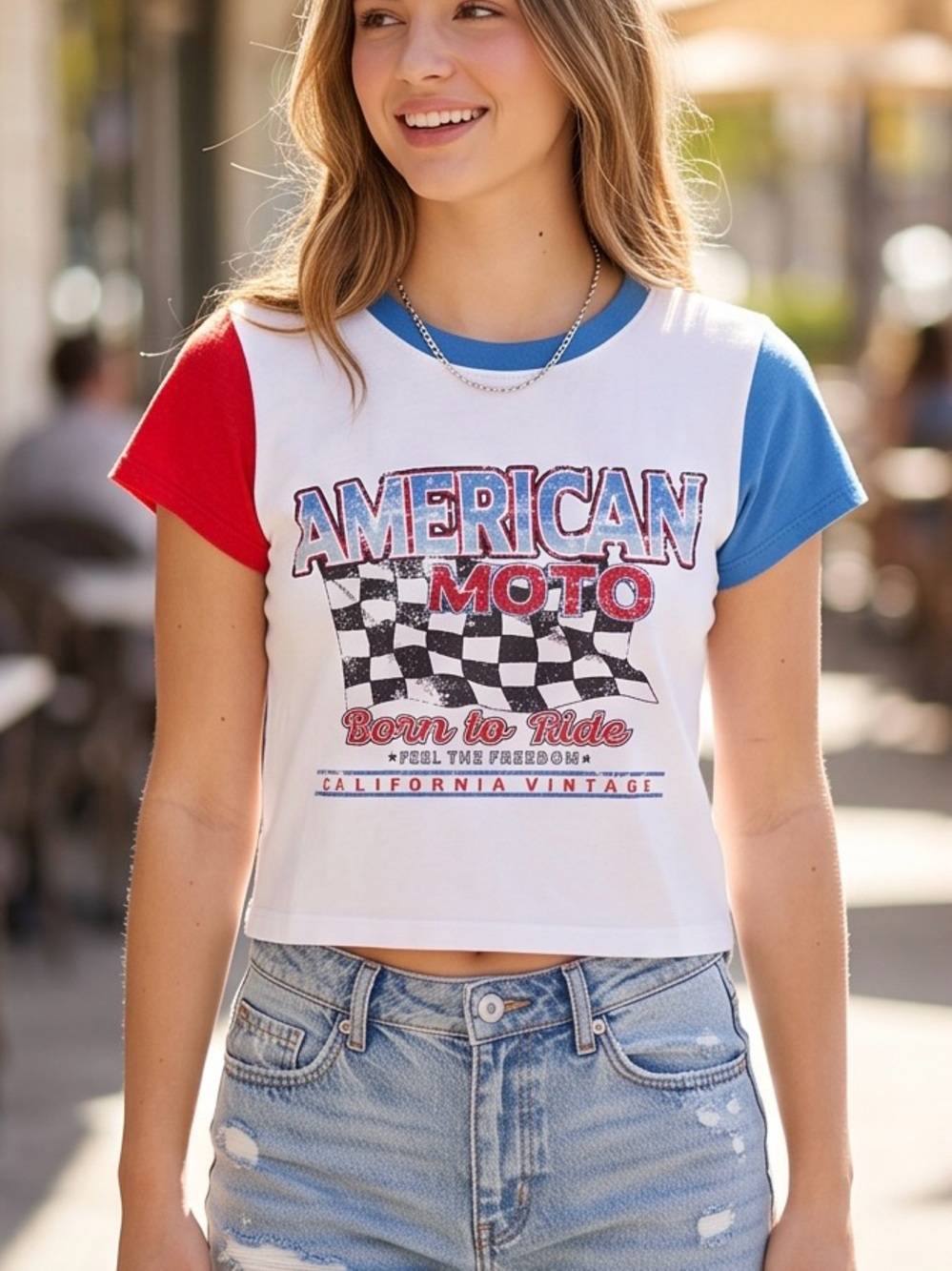 American Moto Colorblock Girls' Graphic Tee - White with Red & Blue